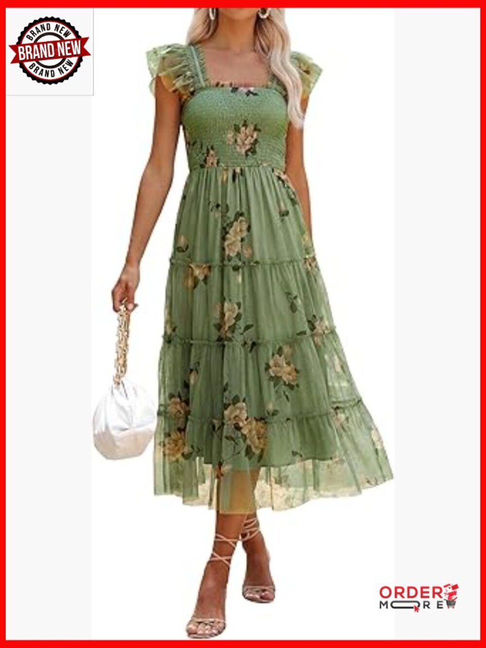 Women Summer Floral Midi Dress Sleeveless Boho Flowy Smocked Ruffle Tulle Party